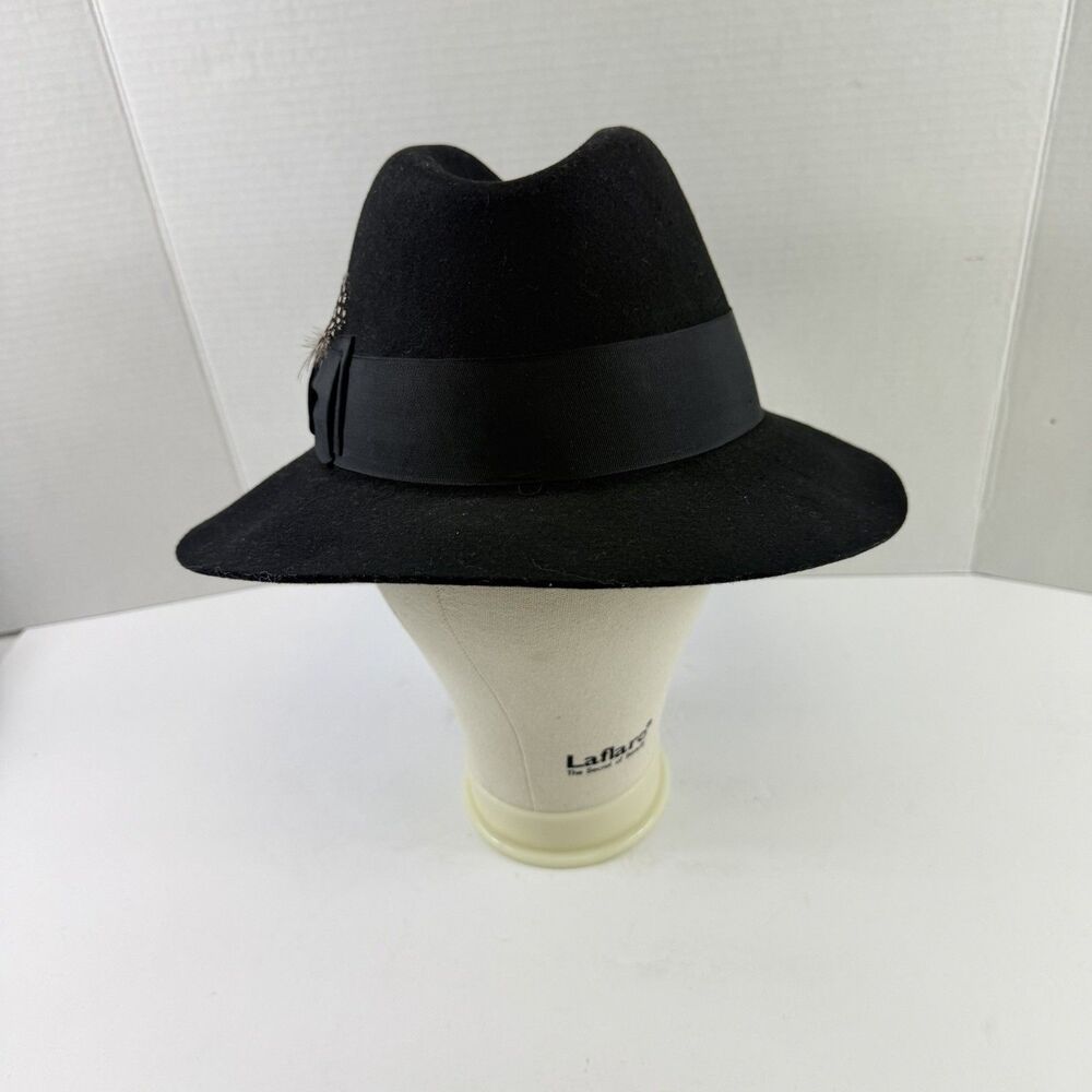 Stacy Adams 100% Wool Felt Fedora Hat Black Size Large Feather Accent